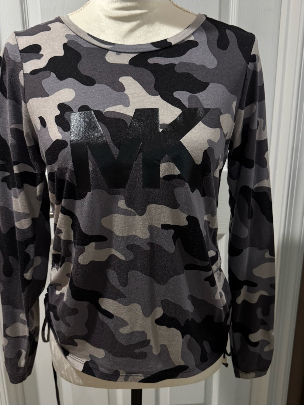 Michael Kors Gray & Black Camo Logo Long Sleeve Shirt